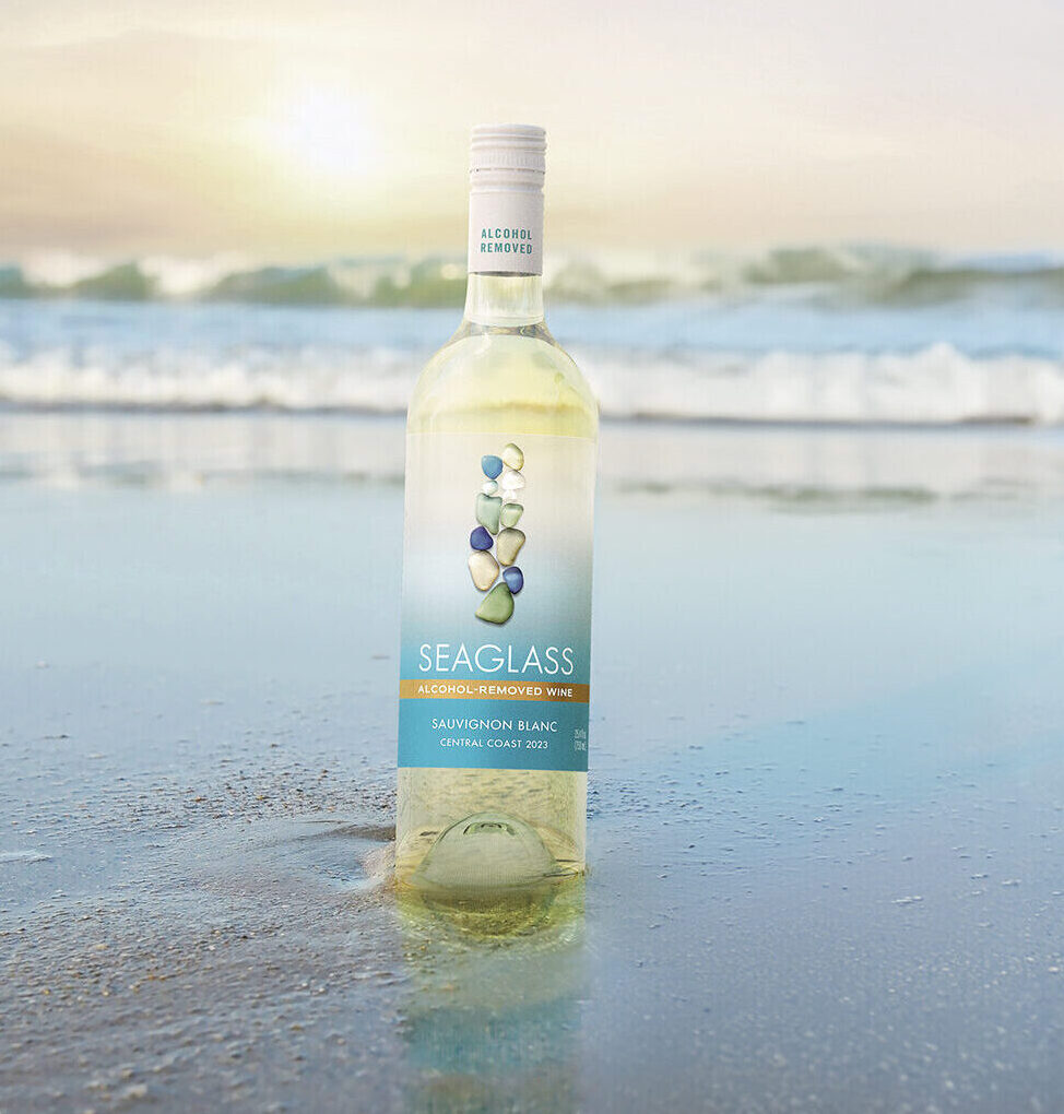 SEAGLASS Alcohol-removed Sauvignon Blanc bottle in sand